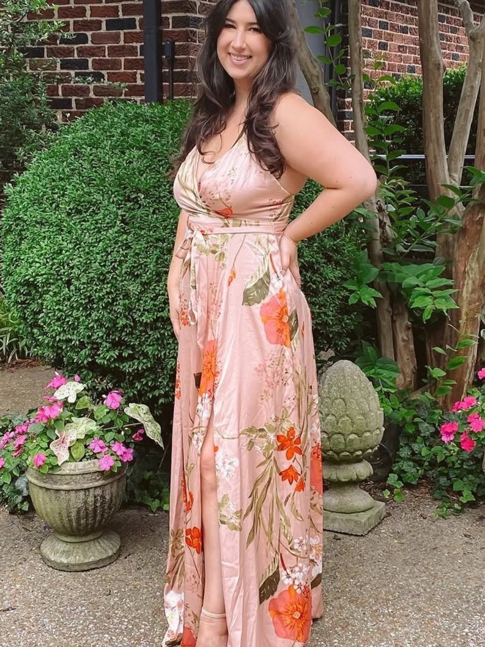 Lulu's Pink Floral Surplice Maxi Dress with Orange Bloom
